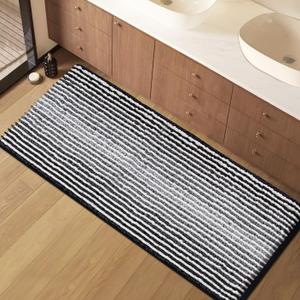 HDFK Bath Mat & Bathroom Rug - Extended Soft Chenille Shower Carpet, Super Absorbent Non-Slip with Hot Melt Adhesive Base, Washable Slim Fit Striped for Bathtub Floors (47x20 Inch, Black & White)