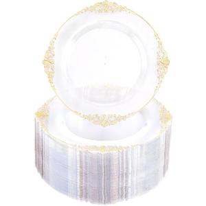 Morejoy 100pcs Gold Plastic Plates - Clear Gold Disposable Plates - 7.5 inch Clear and Gold Dessert Plates, Clear Plastic Plates with Gold Rim for Weddings & Parties & Shower