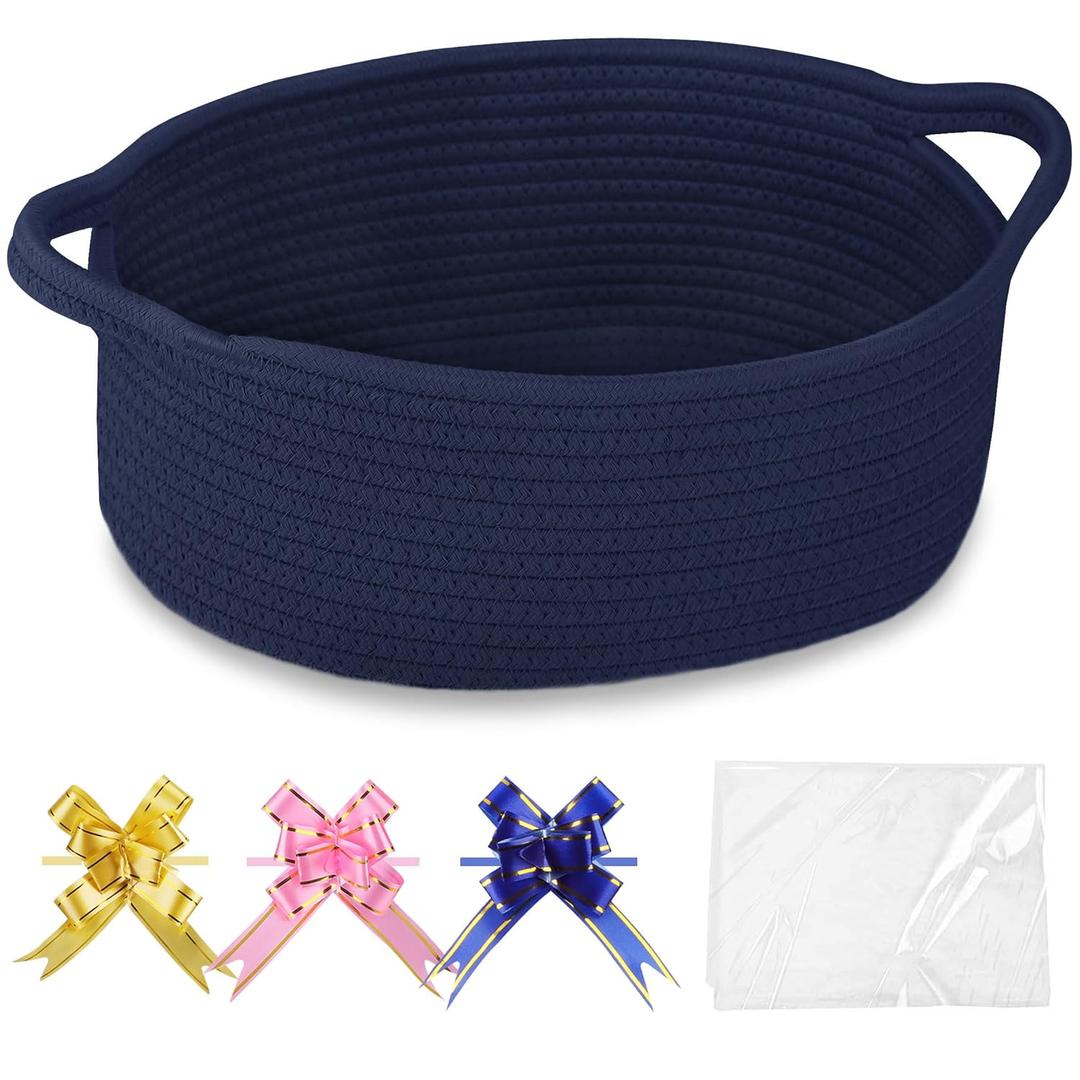 COMSE Small Woven Basket with Gift Bags and Ribbons, Gift Basket Empty, Cotton Rope Storage Organizer, Baby Toy Box with Handles, 12" x 8" x 5", Navy Blue