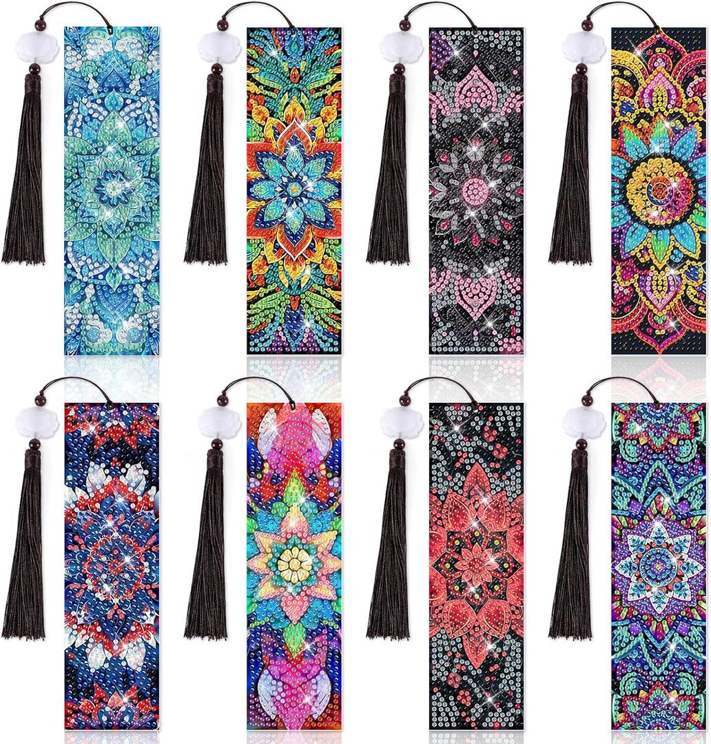 8 Pieces Mandala Diamond Art Bookmarks 5d Mandala Beaded Bookmark Acrylic Tassel Bookmark for DIY Making Beginners Kids Adults Arts Craft Supplies