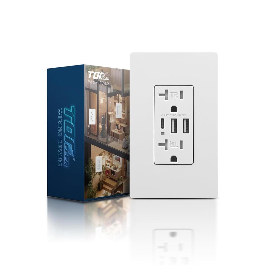 TOPELER Wall Outlet with 3 USB Port, 6.0A High Speed Charging Capability, Child Proof Safety Receptacle, 20 Amp TR Wall Socket with USB-C Port, Screwless Plate Include, UL & FCC Listed