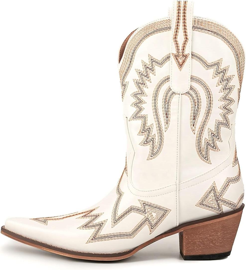 Women's Embroidered Cowgirl Boots Calf Thick Heels Pointed Head Country Music Festival Vintage Western Metal Cowboy Ankle Boot (White)