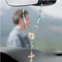 Car Rosary for Rearview Mirror, Personalized Auto Mirror Rosary Beads Cross Hanging Ornament, Medal Cross Rosary Pendant Car Decor Hanging Accessories for Women Men