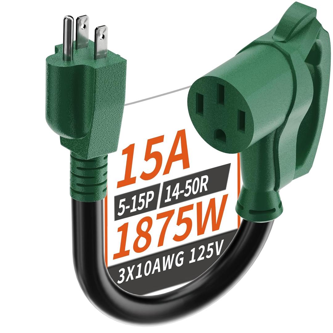 5-15P/14-50R 50 Amp to 110 Adapter RV 12 inch, 10/3 Gauge Heavy Duty RV Electrical Adapter for Camper 1 FT, STW 10AWG 15A 125V 1875W, Green-Black, ETL Listed
