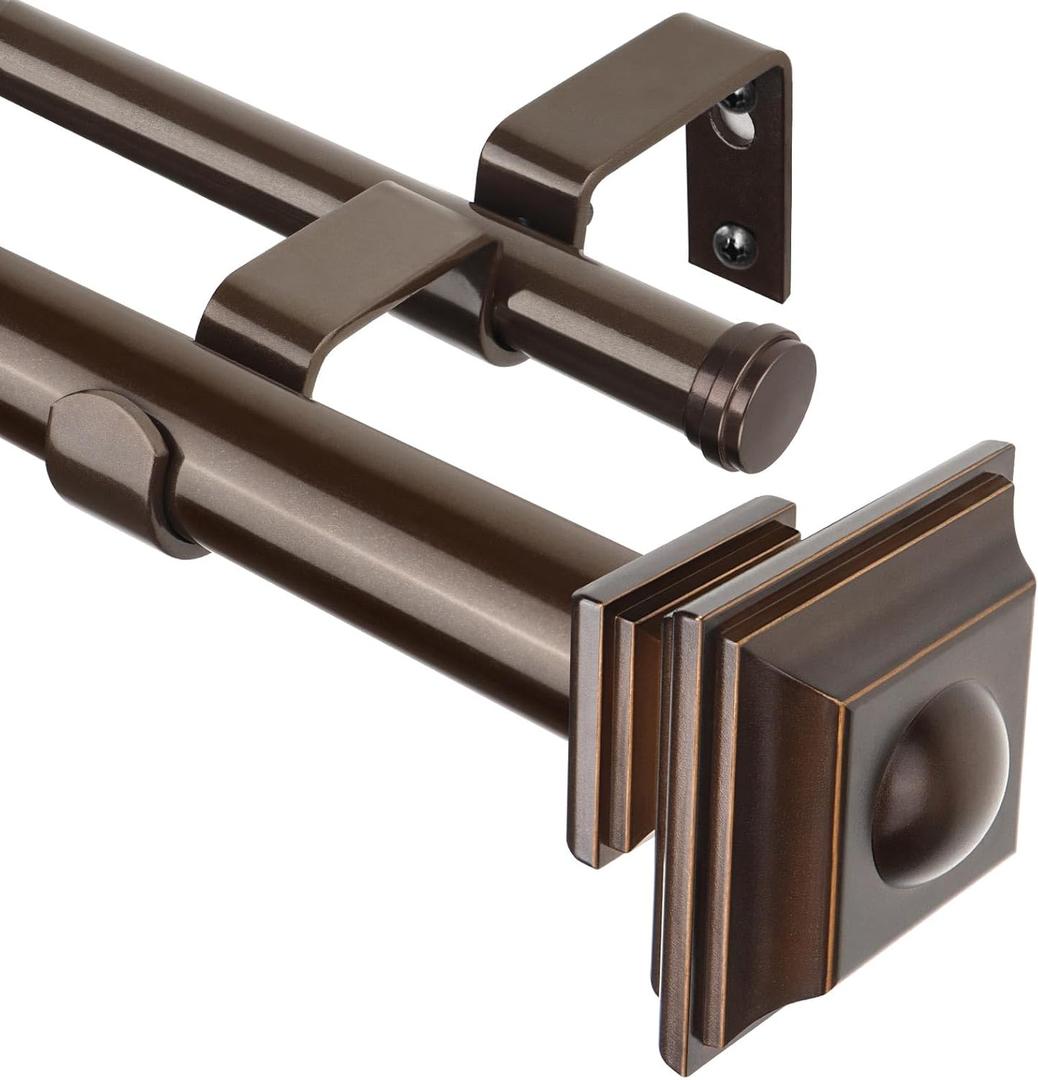 KAMANINA 1 Inch Double Curtain Rod 36 to 72 Inches (3-6 Feet) Telescoping Antique Bronze Curtain Rods for Windows 24 to 68 Inches, Heavy Duty Drapery Rods with Square Finials (36-72")