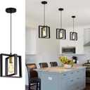 Farmhouse Small Pendant Light Fixture,Kitchen Island Hanging Lamp with Cord, Black+Gold Finish, Wood Frame Chandelier for Hallway Entryway Closet Bedroom,9.5 Inch,E26.