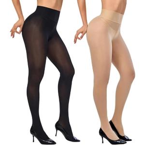2 Pairs Indestructible Tights for Women20D Shiny Pantyhose High Waist Plus Size Tights Ultra-Soft (Small-Large, 1 Pair Black, 1 Pair Nude)