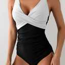 Eomenie Women's One Piece Swimsuits Tummy Control Ruched Push Up Bathing Suit Tie Back Slimming Swimwear White and Black, XL