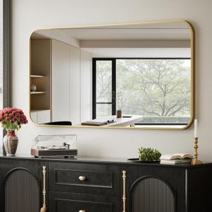 BEAUTYPEAK 26" x 38" Rectangular Aluminum Alloy Frame Wall Mounted Bathroom Mirror with Rounded Corners, Gold