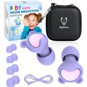 Kids Ear Plugs (6-12 Years) with Cord, Kids Ear Protection Reusable Noise Relief Earplugs for Focus, Travel, Concert, Socializing, Events, Sleep, Anxiety, Home, School, Playtime -26dB Noise Reduction (Purple+ Lightpink+lanyard)