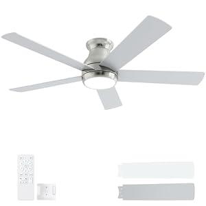 POCHFAN 52 Inch Brushed Nickel Ceiling Fans with Lights and Remote,LED Low Profile Flush Mount Ceiling Fan for Bedroom, Living Room,Patio,Quiet DC Motor,5 Blades