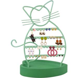 ERYTLLY Earring Holder Organizer, Cat Shaped Earring Organizer Stand With Wood Base Necklace Organizer-47 Stud Earrings Holes Bracelet Holder (Mint Green)