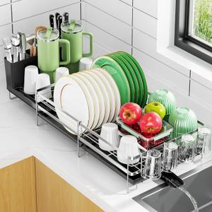Large Dish Drying Rack, Expandable Dish Rack, Stainless Steel Anti-Rust Dish Racks for Kitchen Counter, Multifunctional Dish Drainer with Utensil Holder & Cup Holder, 13.4"-28.7" L x 11.8" W