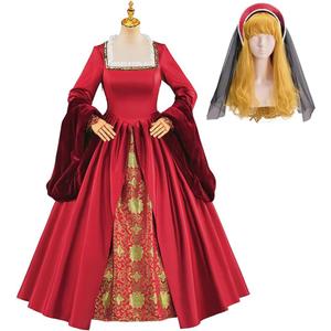 Willyacos Tudor Queen Anne Boleyn Costume Dress Renaissance Elizabethan Tudor Costume Women Ball Gown with Headpiece (Medium, Red)