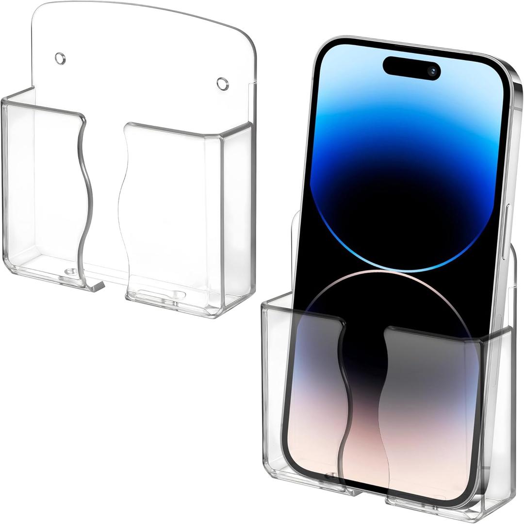 Ymapinc 2Pcs Wall Mount Phone Holder Transparent Wall Phone Holder for Bed Self Adhesive Cell Phone Wall Holder with Charging Hole for Most Cell Phone, Bedside Remote Control Stand