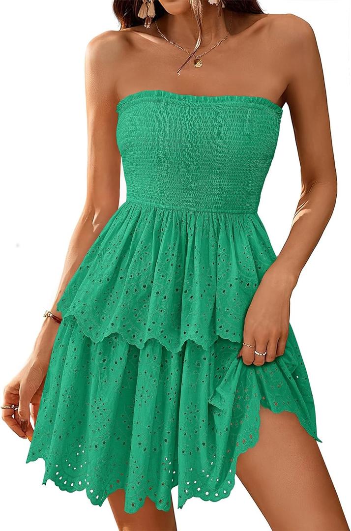 BTFBM Summer Dresses for Women 2025 Tube Strapless Mini Hollow Out Lace Wedding Guest Dress (Green, XL)