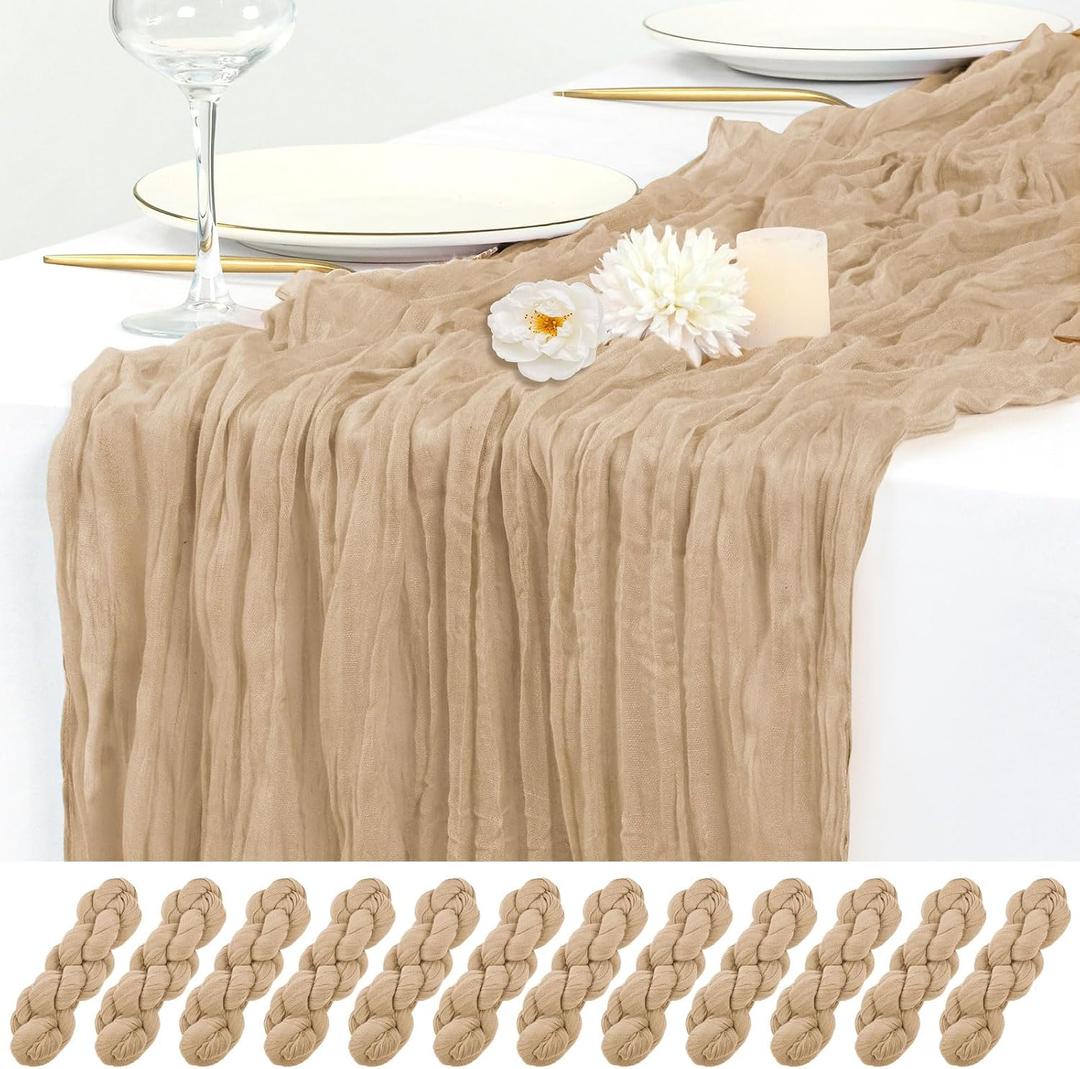 12 Pack Beige Cheesecloth Table Runner 17x108 Inch Boho Gauze Cheese Cloth Table Runners Rustic Sheer Runner for Wedding Party Baby Shower Birthday Home Decor