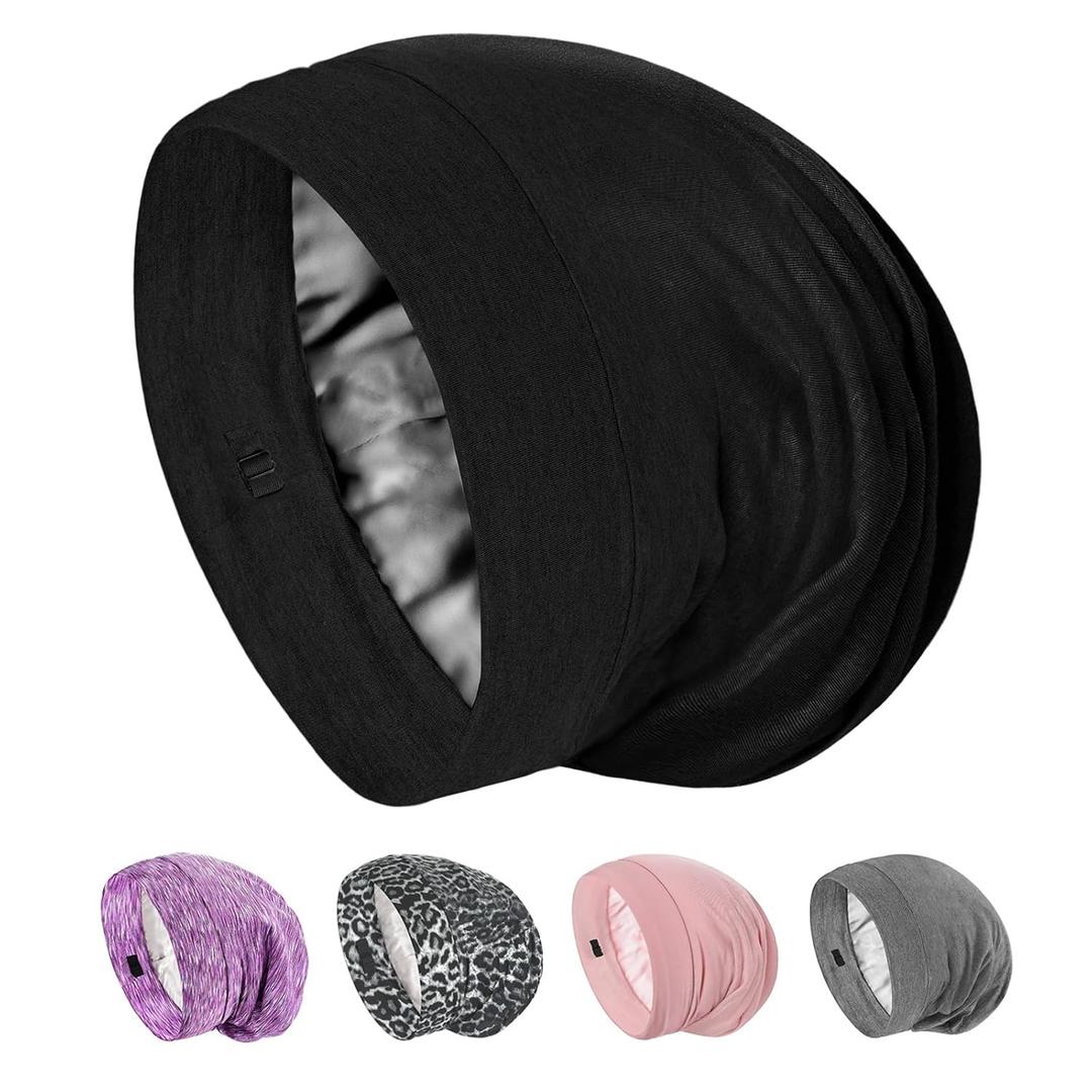 Mulberry Silk Bonnet for Sleeping Hair Wrap Men Women Curly Adjustable Night Cap for Natural Hair Anti Frizz Stay on 1Pcs (Black)