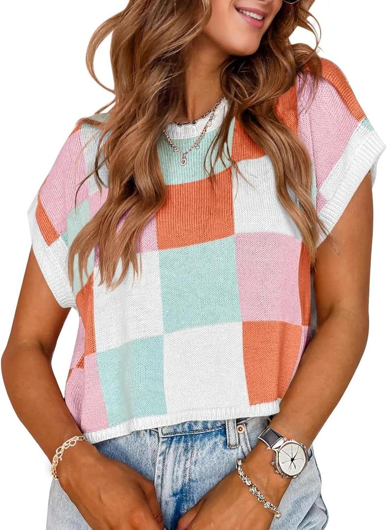 Womens Cute Summer Tops 2026 Short Cap Sleeve Sweater Color Block Trendy Crop Top Knit Vest Checkered Work Shirts Outfits (Medium)