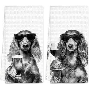 Long Haired Dachshund Gifts Wine Kitchen Towels Set of 2, Funny Dachshund Wine Lover Decorative Hand Dish Towel for Kitchen Home Bar, Gifts for Dog Beer Lovers Home Bar Decor(16x24Inch)