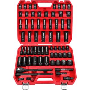 Master 1/2" Drive Impact Socket Set, 67-Piece Standard & Deep Master Impact Socket Set SAE 3/8"-1-1/4" & Metric 8-24mm Socket Set with Ratched Hand, Extension Bar, Reducer, Impact Universal Joint?Cr-V