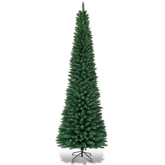  9Ft PVC Artificial Pencil Christmas Tree Slim Stand Green