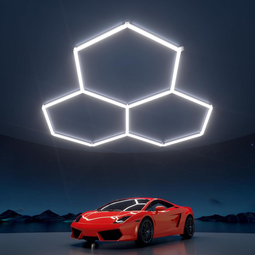 Hexagon Garage Lights 105W 12600LM, 6500K Ultra-Bright Hexagon LED Lights for Garage, 3 Grid Systems Honeycomb Hex Light for Workshop, Basement, Car Detailing, Gaming Room