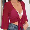 Women's Short Cardigan Bolero Shrug Sheer Tie Front Top 3/4 Sleeve Jacket for Dress (Red, XL)