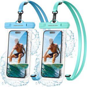 UNBREAKcable Waterproof Phone Pouch-2 Pack IPX8 Waterproof Phone Case for iPhone 16 15 14 13 12 11 Pro Max & Samsung S25 S24-Dry Bag & Travel Essentials for Beach, Pool, Kayak & Cruise-7" Blue+Green