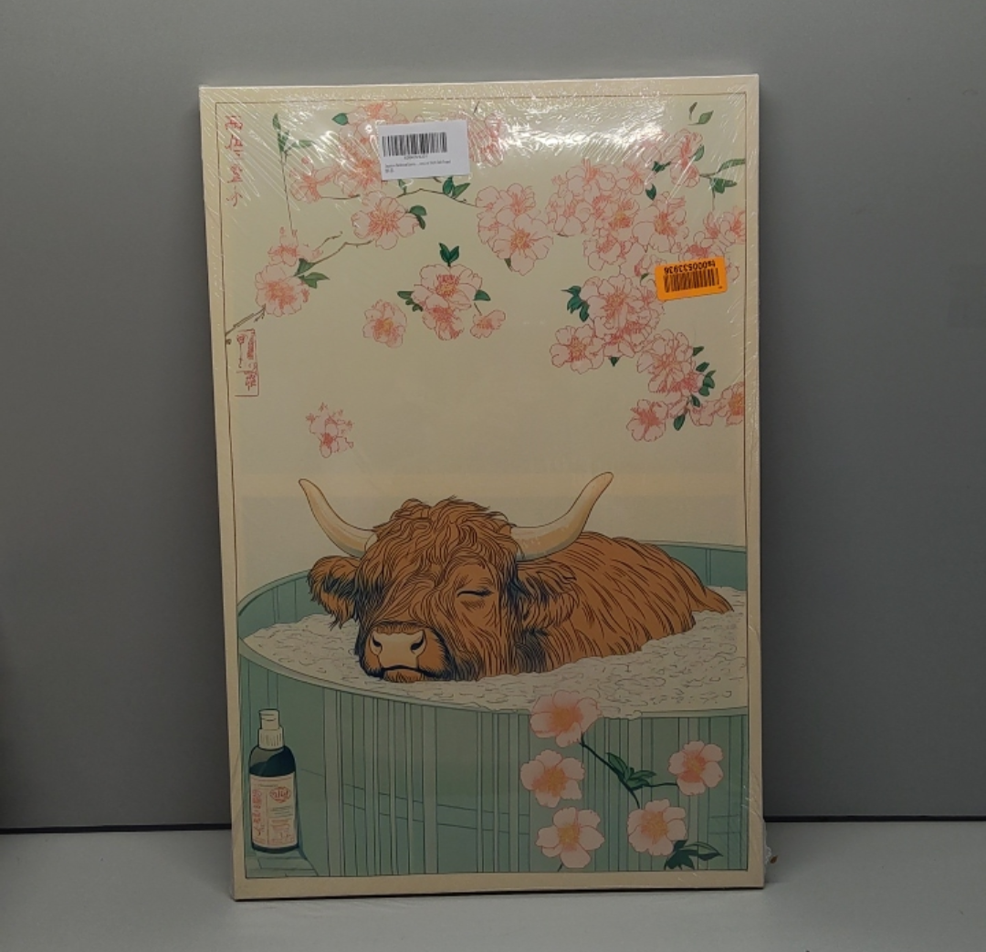 Japanese Bathroom Canvas Wall Art Funny Highland Cow in Bathtub Wall Decor Paintings Vintage Cute Cattle Humorous Animal Prints Aesthetic Pictures for Restroom Toilet Decoration 16x24 Inch Framed
