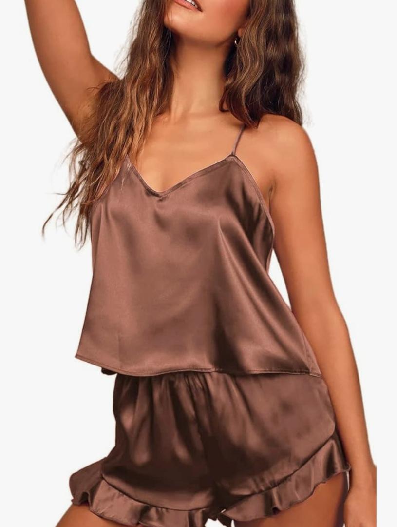 Ekouaer Satin Pajama Set for Women Silk Pjs for Women Set Camisole Top and Shorts with Ruffle Sleepwear, L