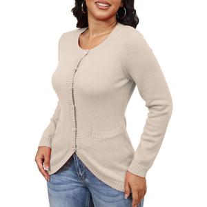 Fall Cardigan Sweaters for Women Button Down Long Sleeve Open Front Ribbed Trim Elegant Winter Knit Fitted Outwear (L)