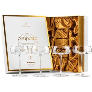 GLASSIQUE CADEAU Crystal Cocktail and Champagne Coupette Glasses | Set of 4 | 9 oz Elegant Long Stemmed Coupe Glassware for Gimlet, Espresso Martini, Daiquiri, Cosmopolitan | Fancy Round Saucers