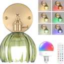 Vintage Battery Operated Wall Sconce with Cute Green Tulip Glass Lampshade Wireless Rechargeable Battery Powered Wall Light with Remote Control for Bedside Bedroom Doorway