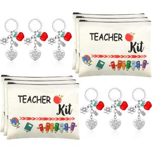 12 Pcs Teacher Appreciation Gift Bulk 6 Makeup Bags Cosmetic Pouch and 6 Keychains Valentines Graduation Gifts for Teacher Women(White,Simple Style)
