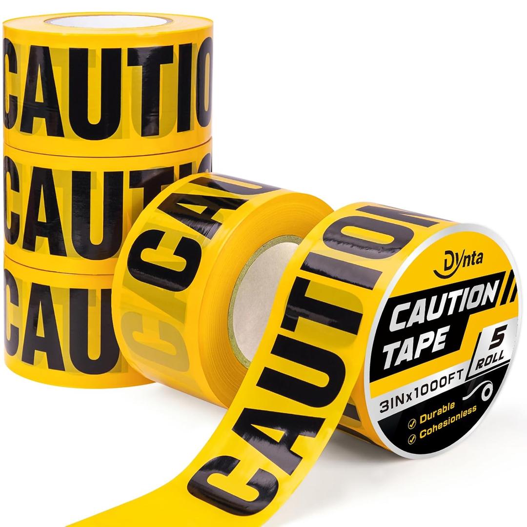 Dynta Caution Tape Yellow 5-Pack 3 Inch x 1000 Feet Caution Tape Roll Strong for Halloween Decorations, Party, Work-Site