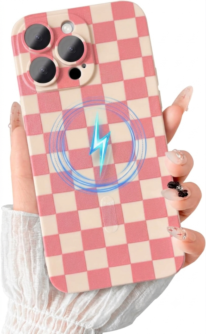 Magnetic for iPhone 15 Pro Max Case, Cute Checkerboard Checkered Pattern Aesthetic Gloss Phone Case with Full Lens Protection, Stylish Slim Soft TPU Protective Cover for iPhone 15 Pro Max, Pink
