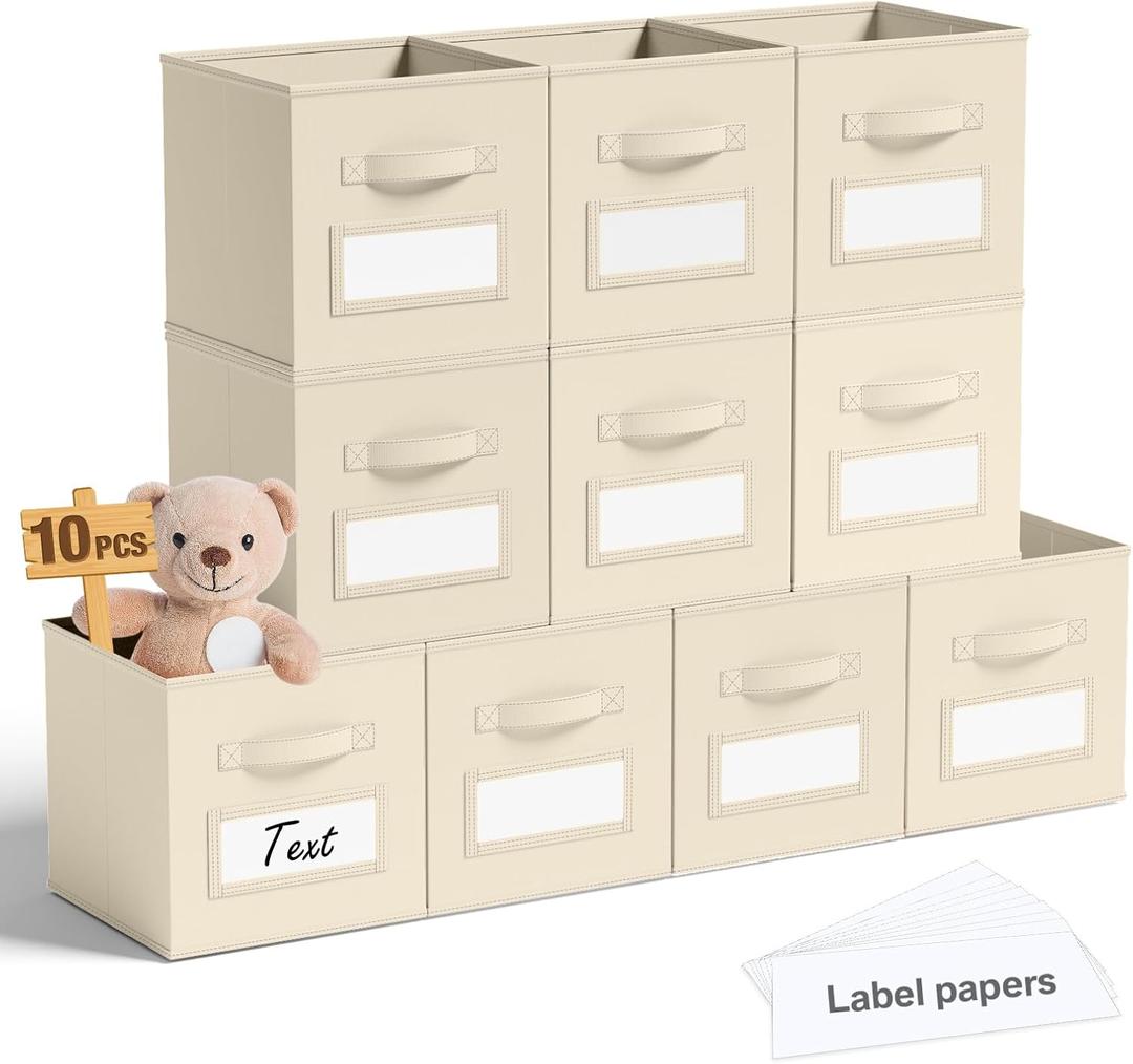 10 Pcs Fabric Storage Cubes with Labels 11 Inch Collapsible Cube Organizer Baskets with Window Cards for Shelf Nursery Clothes Book Toys Christmas Festival Storage Bin(Beige)