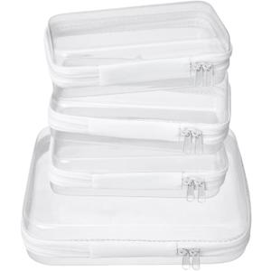 4 Pcs Clear Hard Shell Zipper Case for Storage  Stackable Waterproof Zipper Pouches Hard Shell for Diaper, Travel, Toiletries, Snack Bag, Cables, Makeup (M + 3XS) (White)