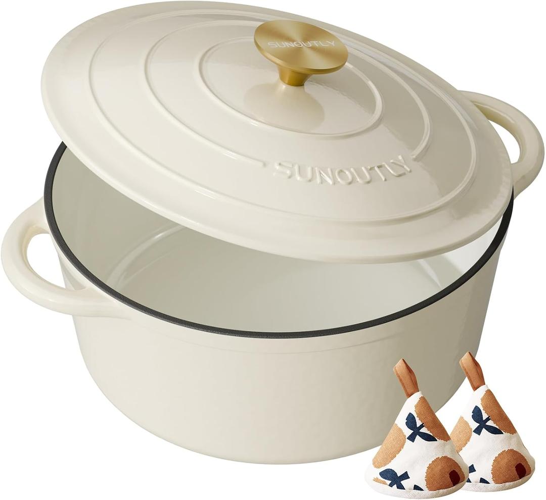 Enameled Cast Iron Dutch Oven - 6QT Pot with Lid & Cotton Potholders - Heavy-Duty Cookware for Braising, Stews, Roasting, Bread Baking, Oven Safe up to 500 F & Across All Cooktops, Cream White