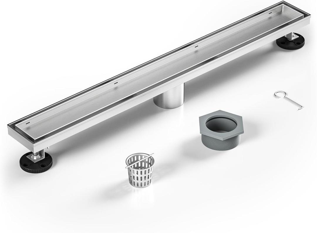 Linear Shower Drain 24" Brushed 304 Stainless Steel | Fast Drainage | Tile Inserted | Stainless Floor Drain Grate | Hair Strainer | Drain Key | The Upgrade for Your Bathroom