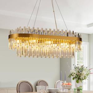 Modern Luxury Brushed Gold Rectangular 10-Light Crystal Chandelier, Oval 2-Tier K9 Crystal Pendant Ceiling Light for Dining Room, Living Room, Kitchen Island - 35.4" L, E12 Base