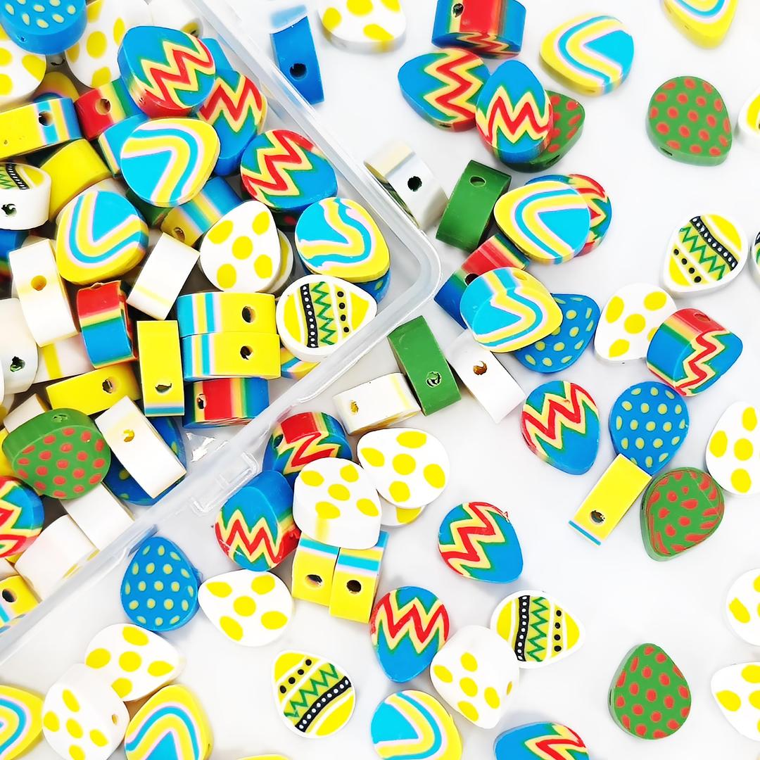 MIIIM 200 Pcs Mixed Colors Handmade Cartoon Easter Egg Polymer Clay Loose Beads Easter Theme Beads for DIY Jewellery Craft Decoration