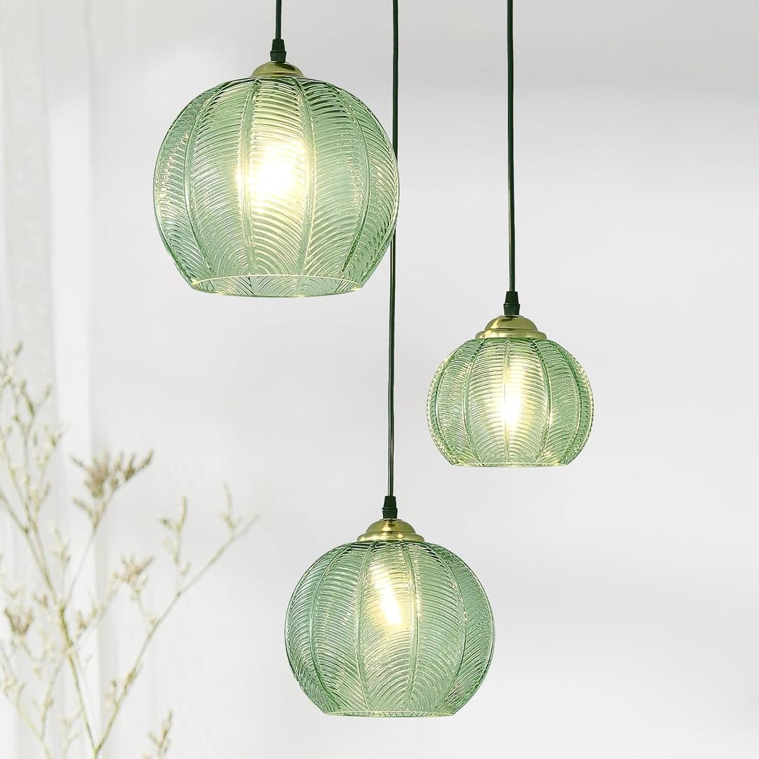 3-Light Glass Globe Pendant Light Kitchen Island, Mid-Century Modern Pendant Ball Chandelier with Green Ribbed, Vintage Hanging Ceiling Light Fixture for Dining Room, Over Sink, Table
