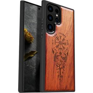 Carveit Wood Case for Galaxy S23 Ultra Case [Natural Wood & Black Soft TPU] Shockproof Protective Cover Unique & Classy Wooden Design Compatible with Samsung S23 Ultra (Viking Compass-Rosy)