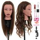 20" Mannequin Head Human Hair,100% Real Hair Mannequin Head,Cosmetology Human Hair Mannequin Doll Head for Hair Styling,Practice Braiding Styling Head with Table Clamp Suitable for Hair Extensions (dark brown)