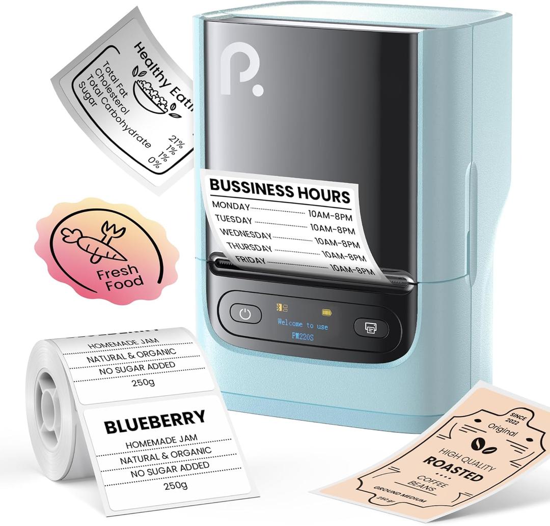 POLONO PM220S Label Maker Machine with Tape, 2 Inch Bluethooth Portable Thermal Label Printer for Small Business, Office, Home, Address, Logo Label, Sticker Printer for Phone/Tablet/PC, Blue