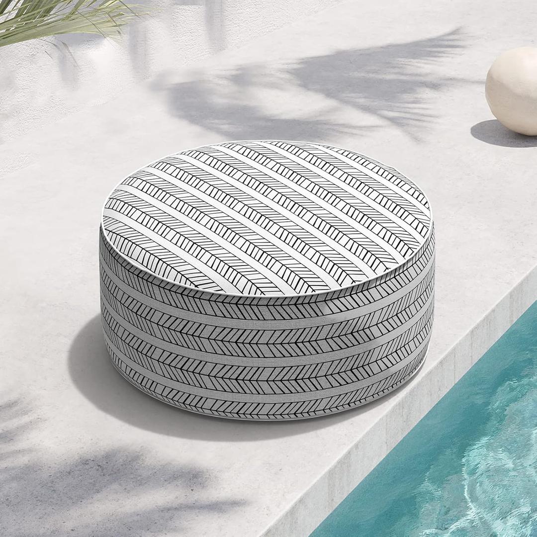 Indoor/Outdoor Inflatable Ottoman D21 x H9 inch, Round Footstool Inflatable Foot Rest Ottoman with Handle, Portable Ottomans Pouf for Patio, Garden, Camping, Home, Herringbone Black White