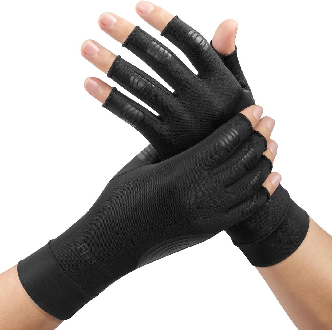 FREETOO Copper Arthritis Gloves for Carpal Tunnel Pain Relief, Strengthen Compression Gloves to Alleviate Hand Pains,Swelling, Fingerless Typing Gloves for Rheumatoid, Tendonitis Women/Men-XL (Black)