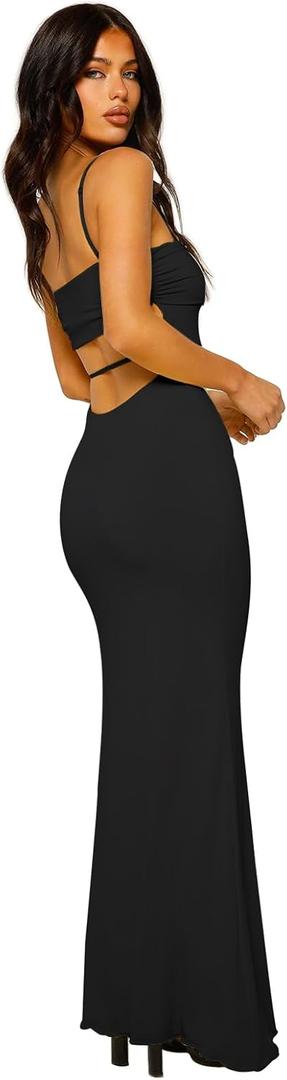 Women's Cutout Backless Maxi Dress Sexy Sleeveless Tight Slip Spaghetti Strap Long Dresses (Black)